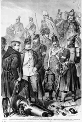 Guerra de los Ducados, soldados y oficiales austríacos y prusianos luchando por Schleswig-Holstein, 1864, publicado en Leipzig